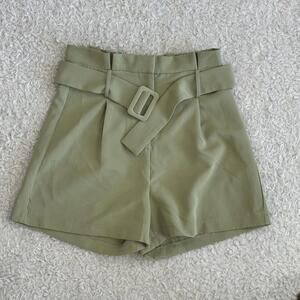 One n More Women's Olive Sage Green High Waist Belted Shorts (Size S)